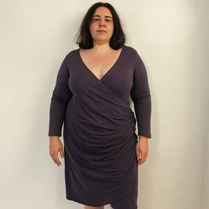 Standard James Perse Dress Womens XL 4 Gray Purple Ruched Midi 3/4 Sleeve V Neck